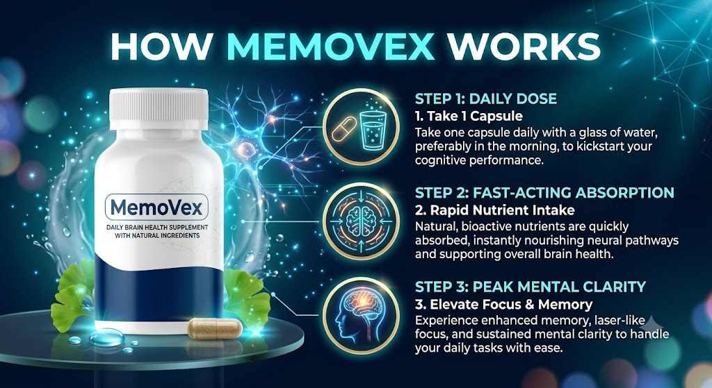 How MemoVex works: take one capsule daily, fast absorption, peak mental clarity